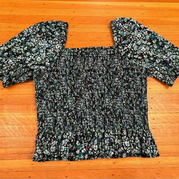 J. Crew blue:green black floral smocked peplum short sleeve top - Picture 1 of 4